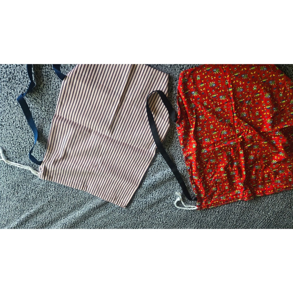 Set of 2 Handmade Cotton Drawstring Bags Ticking Stripe and‎ Red Folk Art Print